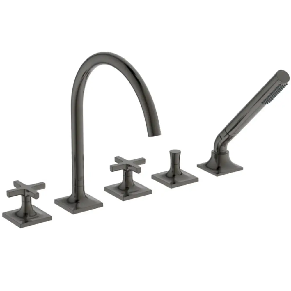 5-Loch-Wannenarmatur von Ideal Standard in Magnetgrau mit einem hohen, geschwungenen Wasserhahn und zwei Kreuzgriffen sowie einer Handbrause.